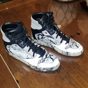 Balenciaga Black & White Marble-Print High-Top Sneakers